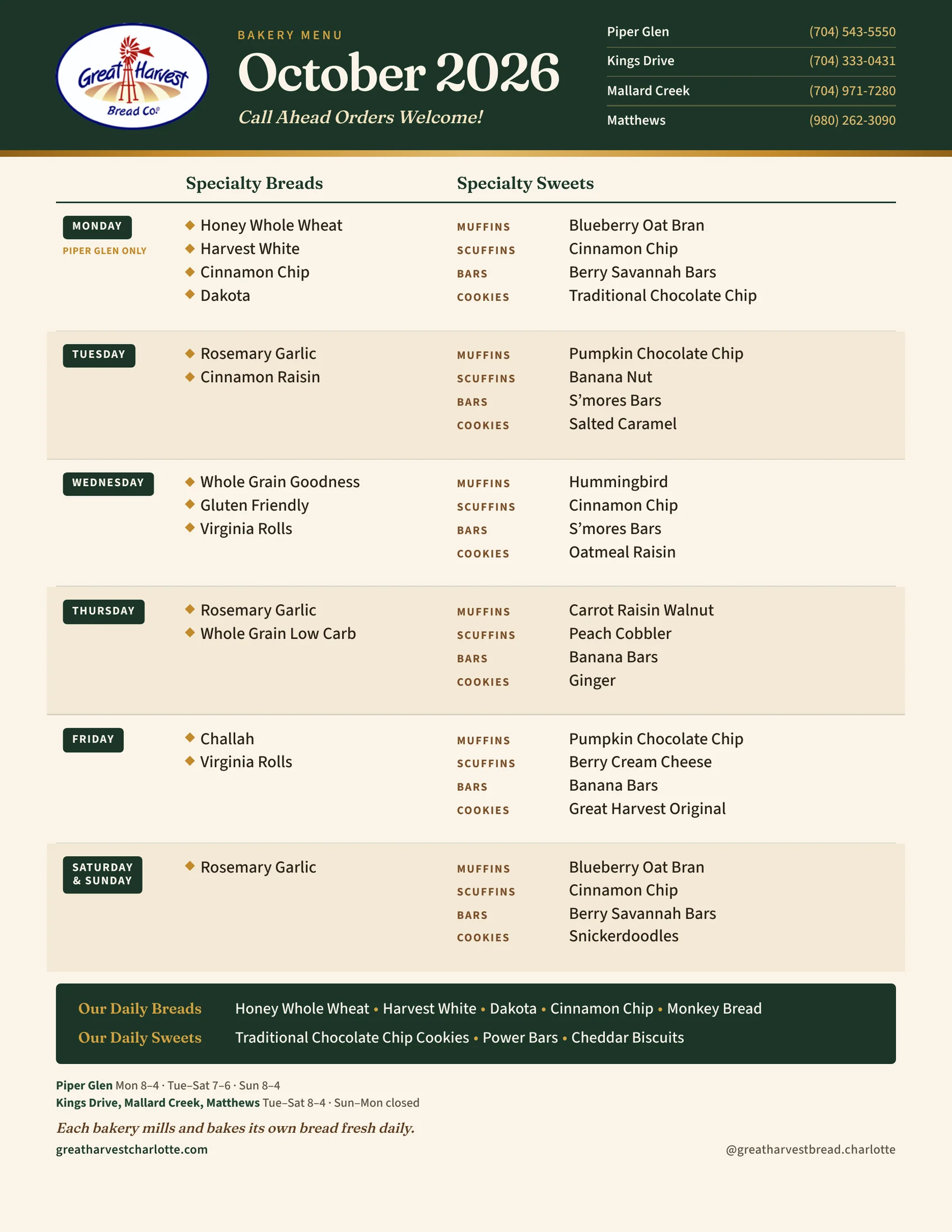 Great Harvest Charlotte October 2026 bakery menu